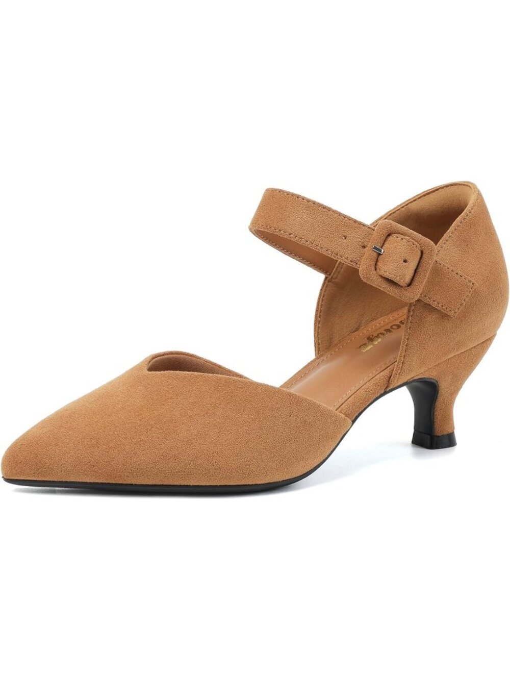 Women's Light Brown Kitten Heel Pointed Closed Ankle Strap Buckle Slip On Shoes
